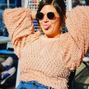 Peach Balloon-Sleeved Sheer Zara Top with Fringe Detail - US Small